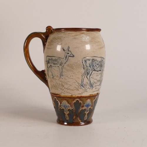 570 - Hannah Barlow for Doulton Lambeth, a Stoneware small ewer, incised decoration all around with deer a... 