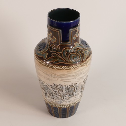 572 - Hannah Barlow for Doulton Lambeth, a Stoneware vase, incised decoration all around with grazing catt... 