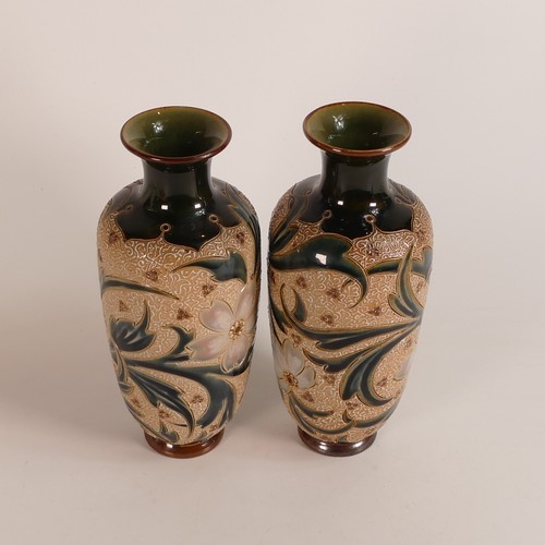 584 - Eliza Simmance for Doulton Lambeth, 
a pair of baluster form vases with tube lined scrolling foliate... 