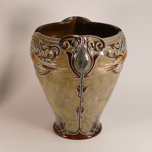 589 - Doulton Lambeth Stoneware large Art Nouveau shaped Jardinière, tube lined with a pair of bird to eac... 