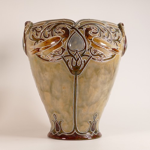 589 - Doulton Lambeth Stoneware large Art Nouveau shaped Jardinière, tube lined with a pair of bird to eac... 