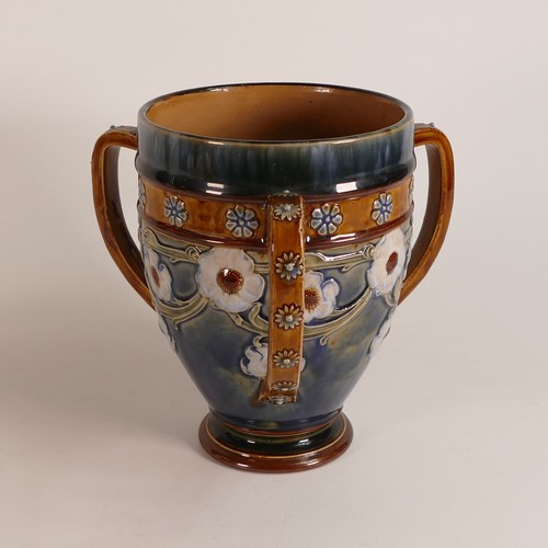 598 - Doulton Lambeth, Art Nouveau Stoneware Tyg. Decorated with white blossoms on a mottled blue ground. ... 