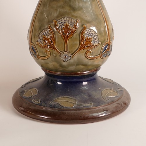 599 - Royal Doulton, Stoneware Art Nouveau Jardiniere on stand. Modelled with Art Nouveau flowers with gre... 