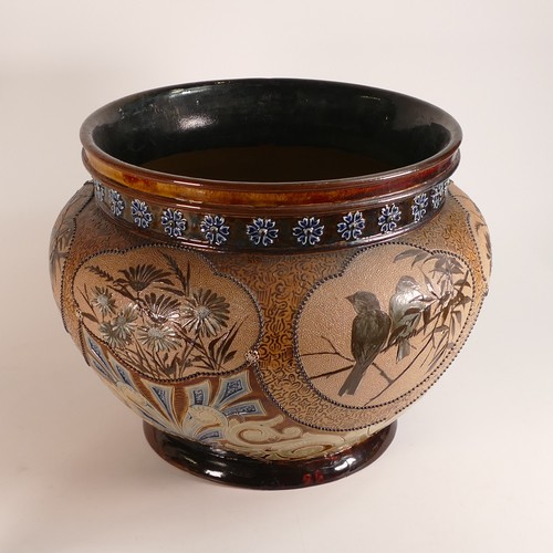 600 - Florence Barlow for Royal Doulton Lambeth, Stoneware Jardiniere. Body has moulded Art Nouveau motifs... 