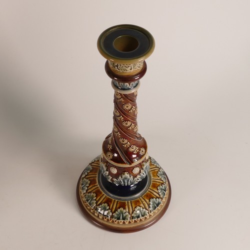 604 - Doulton Lambeth, Stoneware candlestick. Acanthus and floral decoration to base and body. Impressed '... 