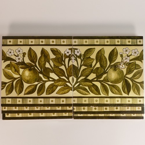 612 - Doulton Lambeth, Arts & Crafts period set of seven monochromatic green earthenware wall tiles. Centr... 