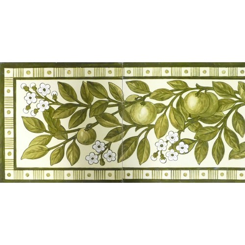 612 - Doulton Lambeth, Arts & Crafts period set of seven monochromatic green earthenware wall tiles. Centr... 