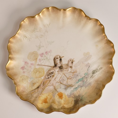 625 - Doulton Burslem, hand painted comport together with three plates. Decorated with heavily gilt bird s... 