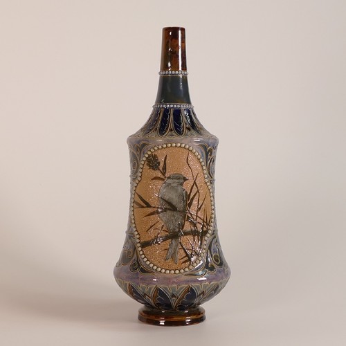 627 - Florence Barlow for Doulton Lambeth, a vase with a panel of Pate sur Pate bird on branch with scroll... 