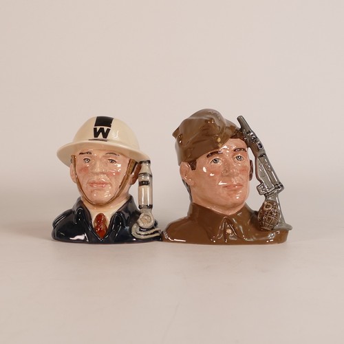 713 - Royal Doulton, small character jugs to include Home Guard D6886 The Auxiliary Fireman D6887 and The ... 