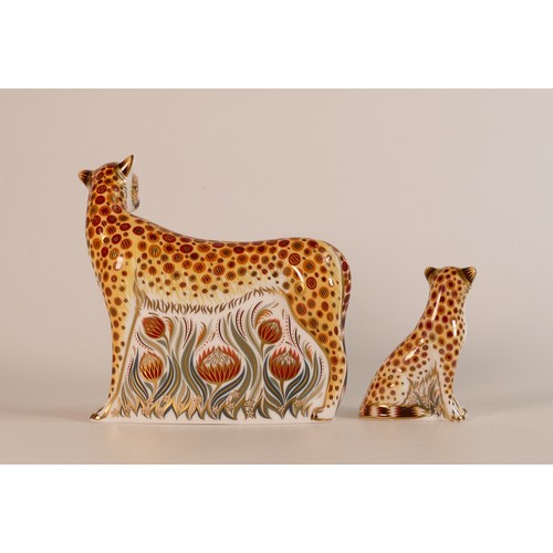 766 - Royal Crown Derby, Cheetah and Cheetah Cub. Both gold stoppers. (2)