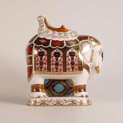 785 - Royal Crown Derby, large Elephant paperweight. Silver stopper to base. Height: 20cm