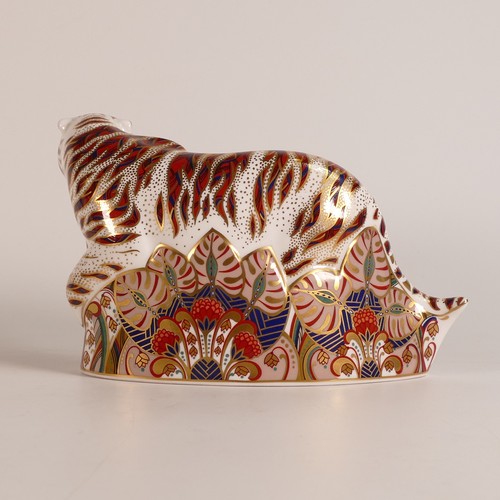 786 - Royal Crown Derby, large Tiger paperweight. Silver stopper to base. Height: 14cm