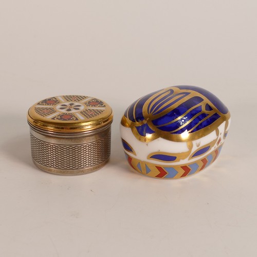 788 - Royal Crown Derby, Blue Scarab Beetle paperweight together with small 1128 Pill Box. Gold stopper to... 