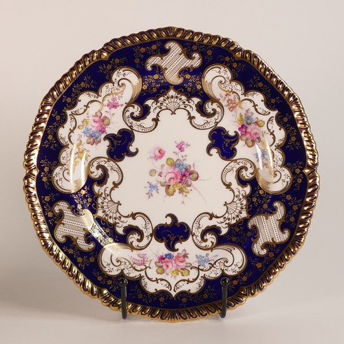 800 - Royal Crown Derby, two floral porcelain cabinet plates. Cobalt blue ground with floral sprays reserv... 