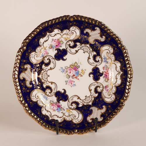 800 - Royal Crown Derby, two floral porcelain cabinet plates. Cobalt blue ground with floral sprays reserv... 