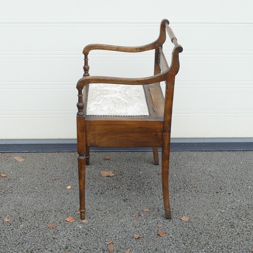 814 - 19th century upholstered Piano stool. Turned top rail on swept arms, splat has marquetry inlaid musi... 