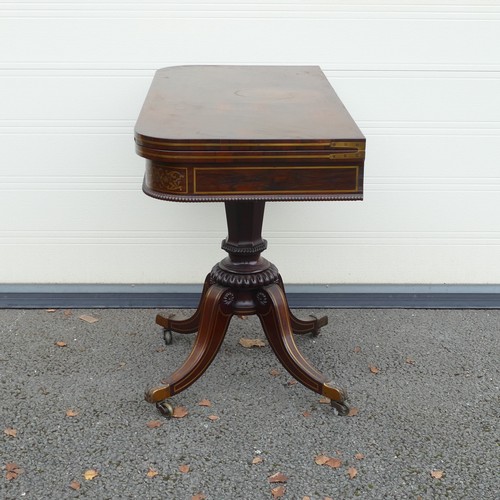 817 - Brass and Veneer Marquetry Games table. Green felt square playing surface with rounded corners, over... 