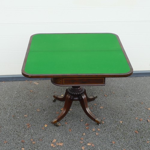 817 - Brass and Veneer Marquetry Games table. Green felt square playing surface with rounded corners, over... 