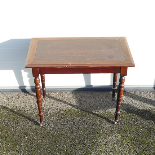 822 - Late Victorian leather topped writing table. On four turned supports terminating on brass and cerami... 