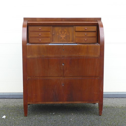 836 - Late 19th century Mahogany veneer Cylinder front desk. Floral marquetry inlay to interior. Height: 1... 