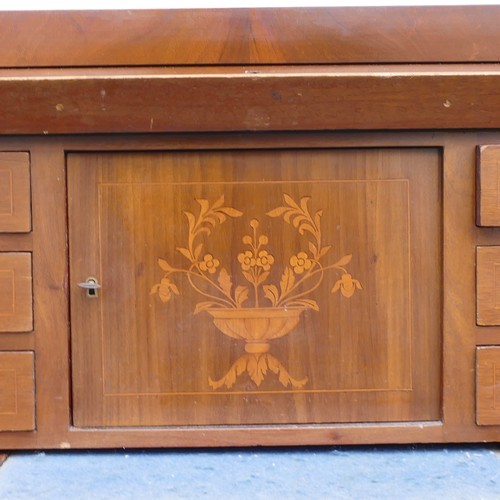 836 - Late 19th century Mahogany veneer Cylinder front desk. Floral marquetry inlay to interior. Height: 1... 