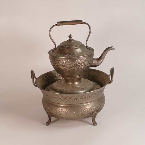 848 - Arabic white metal lidded kettle on fitted large base with cover. Two stamped marks to base of stand... 