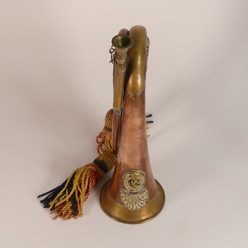 849 - Royal Welsh Fusiliers Bugle with attached cord together with large copper and brass hunting horn. Le... 