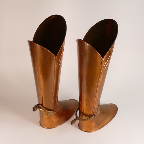 929 - Pair of Brass and Copper stick stands in the form of stirrup boots with spurs. Height: 54cm