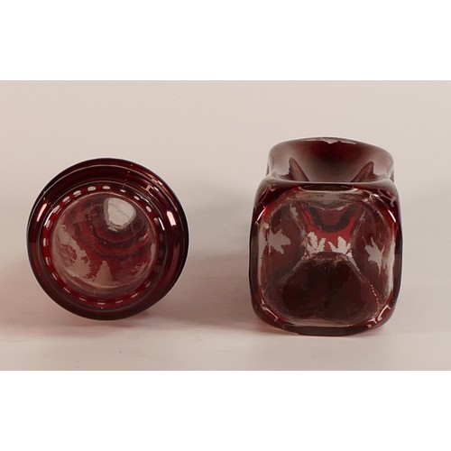 1040 - Two 19th century Bohemian Etched Cranberry glass Decanters including one dimpled and one banded exam... 