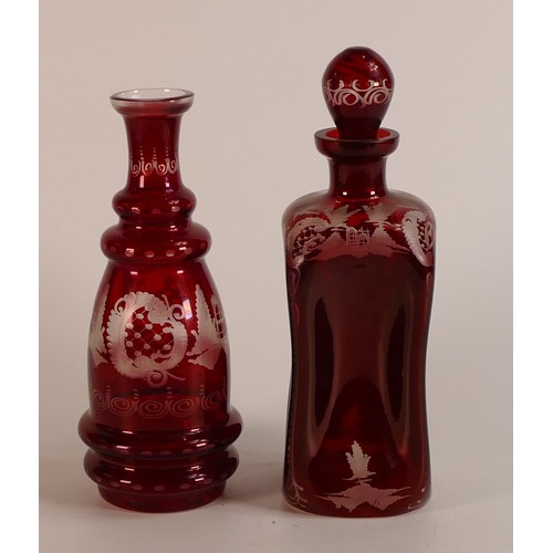 1040 - Two 19th century Bohemian Etched Cranberry glass Decanters including one dimpled and one banded exam... 