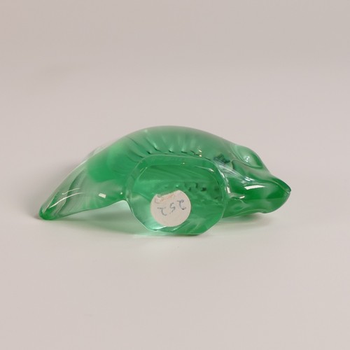 1050 - Lalique, small frosted crystal figure of a Goldfish in green. Signed to back of base. Height: 5cm