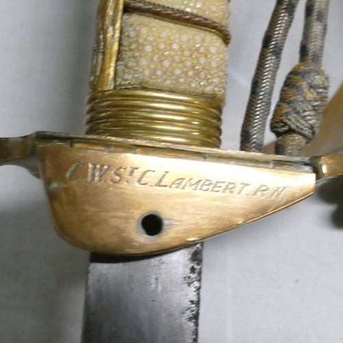 1068 - George VI Naval Officer's Dress Sword. Etched blade to both sides with crown over anchor to one side... 