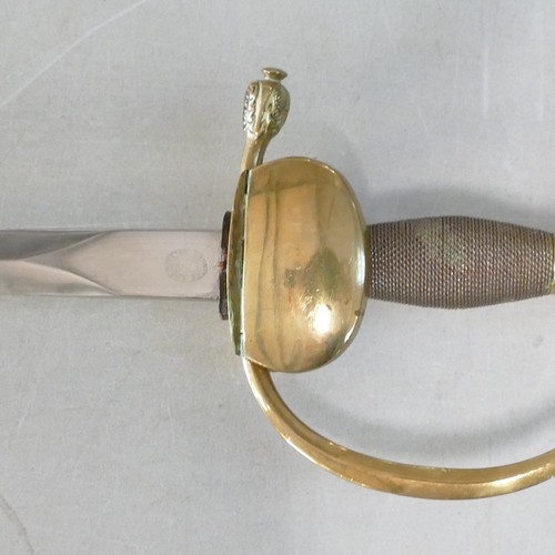 1075 - German Officers Dress Sword with ornate folding brass hilt in scabbard, the blade marked by makers E... 