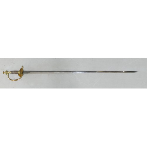 1075 - German Officers Dress Sword with ornate folding brass hilt in scabbard, the blade marked by makers E... 