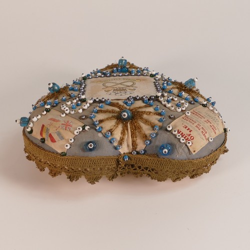 1076 - World War I WWI North Stafford sweetheart pin cushion. Pin and bead decoration, lace trim on large h... 