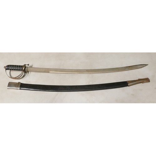 1082 - An Indian Sabre engraved 'Made in India' to blade alongside arabic script with leather scabbard. Len... 