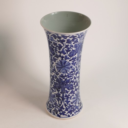 1093 - Late Qing Dynasty Blue and White porcelain Gu form beaker vase. Painted in a monochrome stylised flo... 