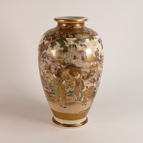 1100 - Meiji period (1868–1912) Satsuma vase of baluster form.  Heavily gilt raised decoration of fans and ... 