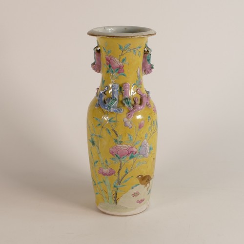 1101 - Qing Dynasty (1644–1912) Famille Jaune baluster vase with lion handles. Painted with birds amongst f... 