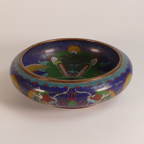 1116 - Chinese Cloisonne shallow five-toed Dragon bowl. Integral four character mark to base. Diameter: 25c... 