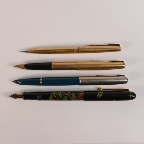 1144 - Four pens, includes Parker 51, 14ct nib Parker example, Parker 61-65 and Parker filling instructions... 