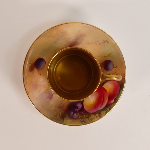 1273 - Royal Worcester gilded coffee can & saucer, hand painted with fruit signed Moseley.