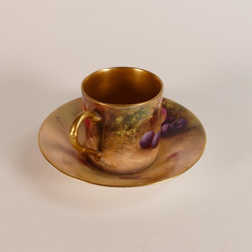 1273 - Royal Worcester gilded coffee can & saucer, hand painted with fruit signed Moseley.