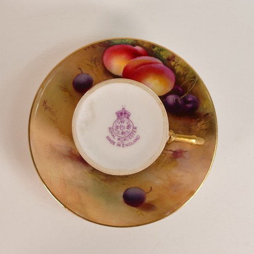 1273 - Royal Worcester gilded coffee can & saucer, hand painted with fruit signed Moseley.