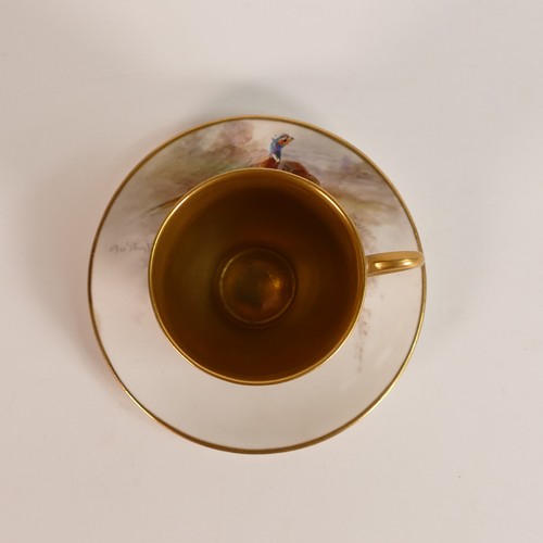 1275 - Royal Worcester gilded coffee can & saucer, hand painted with pheasants signed J Stinton, rsd.