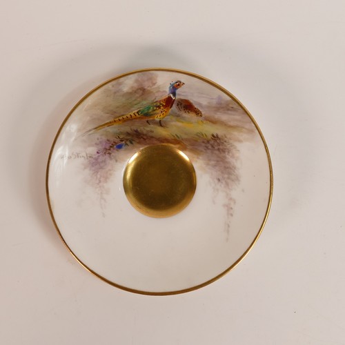 1275 - Royal Worcester gilded coffee can & saucer, hand painted with pheasants signed J Stinton, rsd.