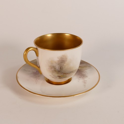 1275 - Royal Worcester gilded coffee can & saucer, hand painted with pheasants signed J Stinton, rsd.