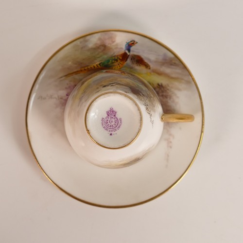 1275 - Royal Worcester gilded coffee can & saucer, hand painted with pheasants signed J Stinton, rsd.