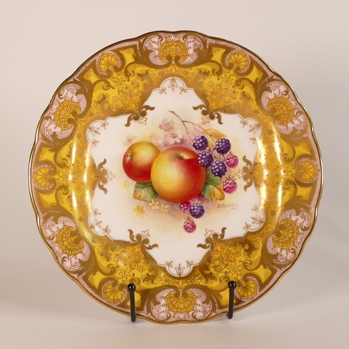 1316 - Royal Worcester, two hand painted floral still life cabinet plates. Yellow ground border with heavil... 